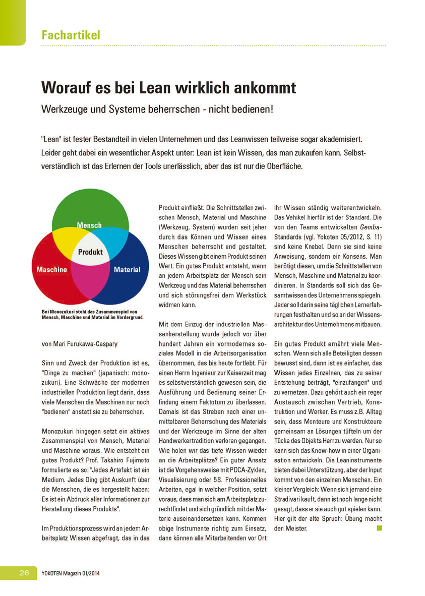 Worauf es bei Lean wirklich ankommt - Artikel aus Fachmagazin YOKOTEN 2014-01
