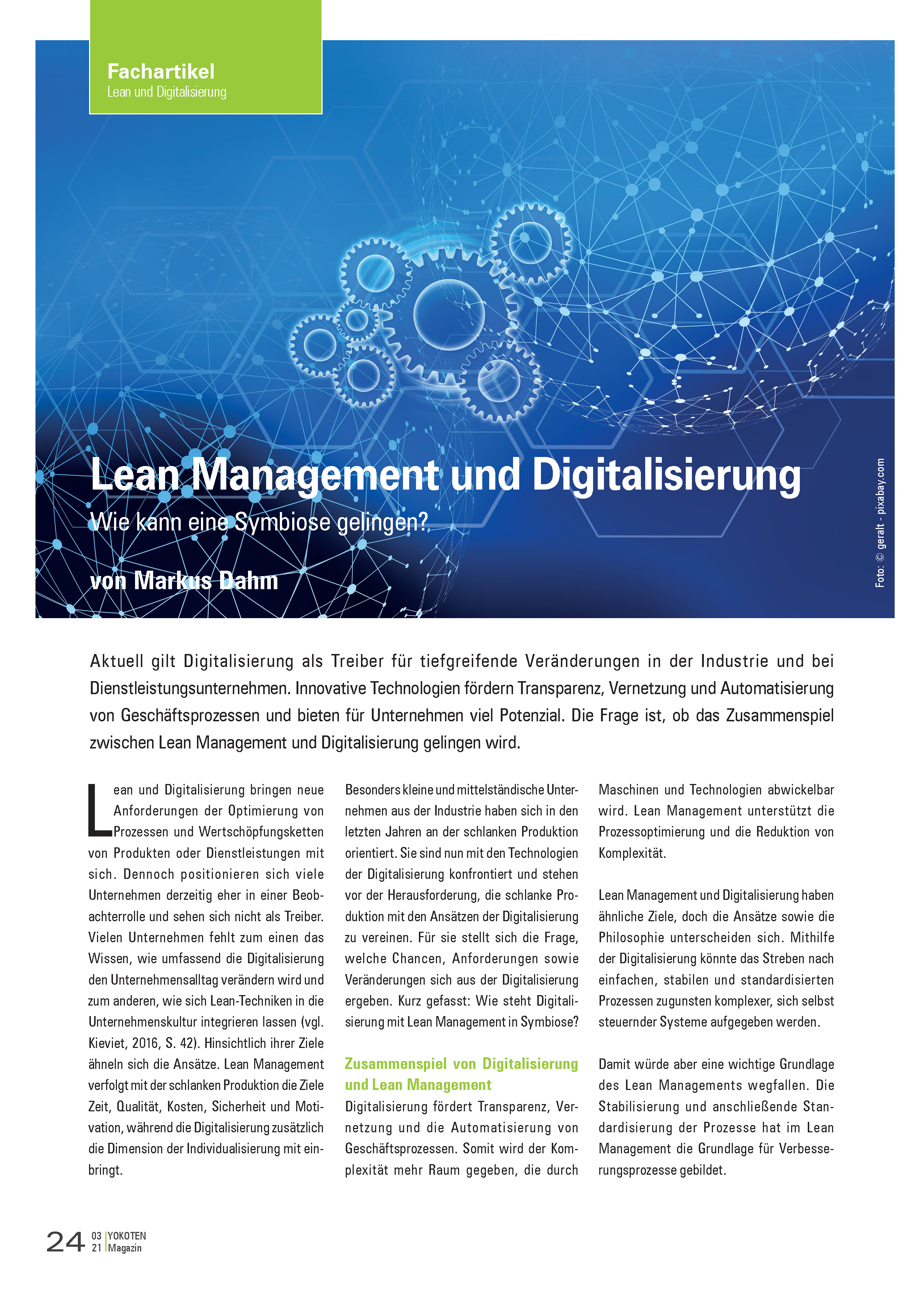 Lean Management und Digitalisierung - Artikel aus Fachmagazin YOKOTEN 2021-03